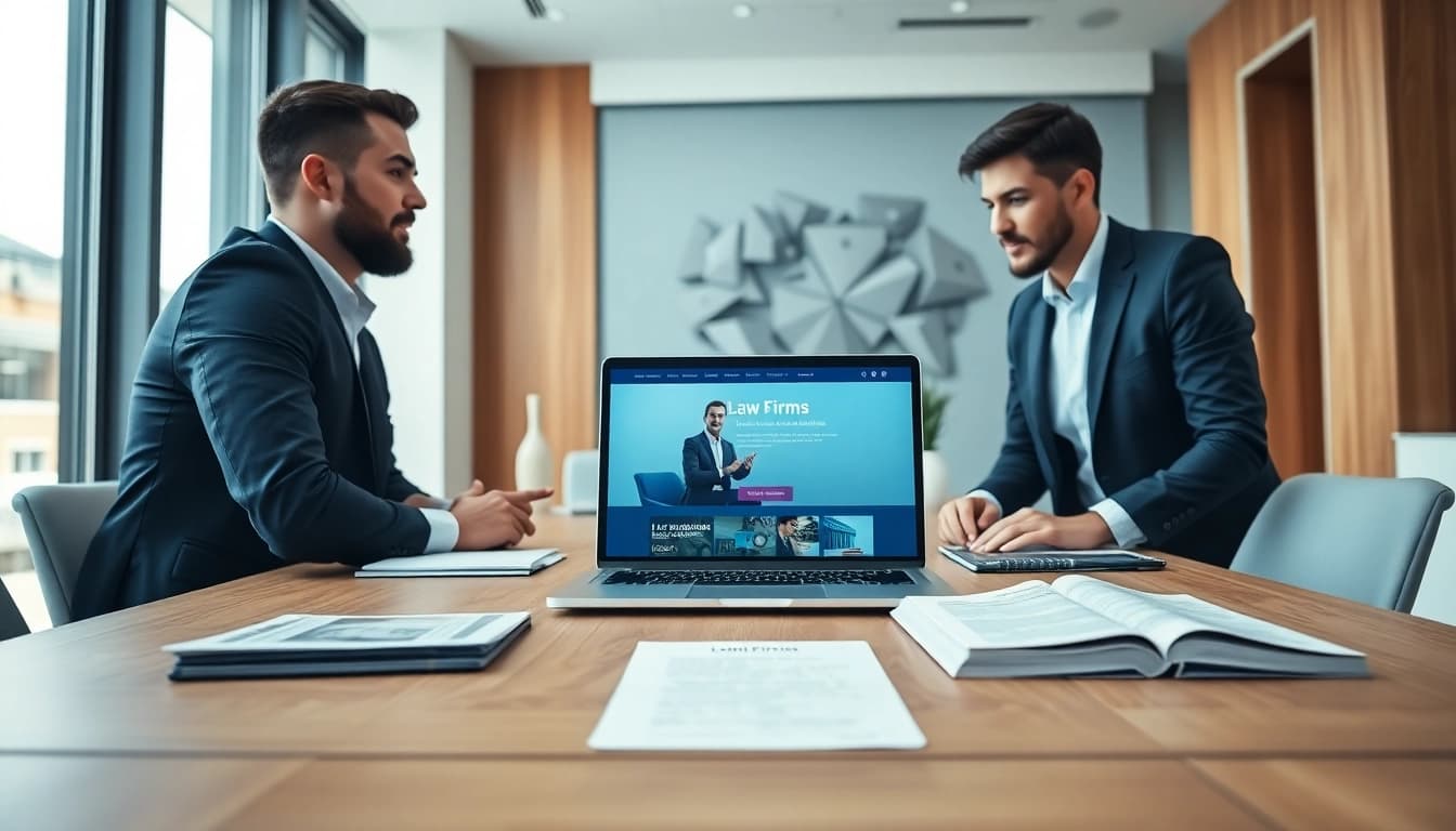 Crafting a law firm website at https://www.lawfirmswebsitedesign.com in a professional office space.