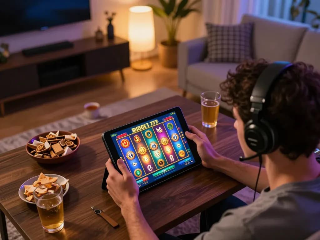 Engaged player enjoying BUKA77 slot games on a tablet in a cozy home setting.