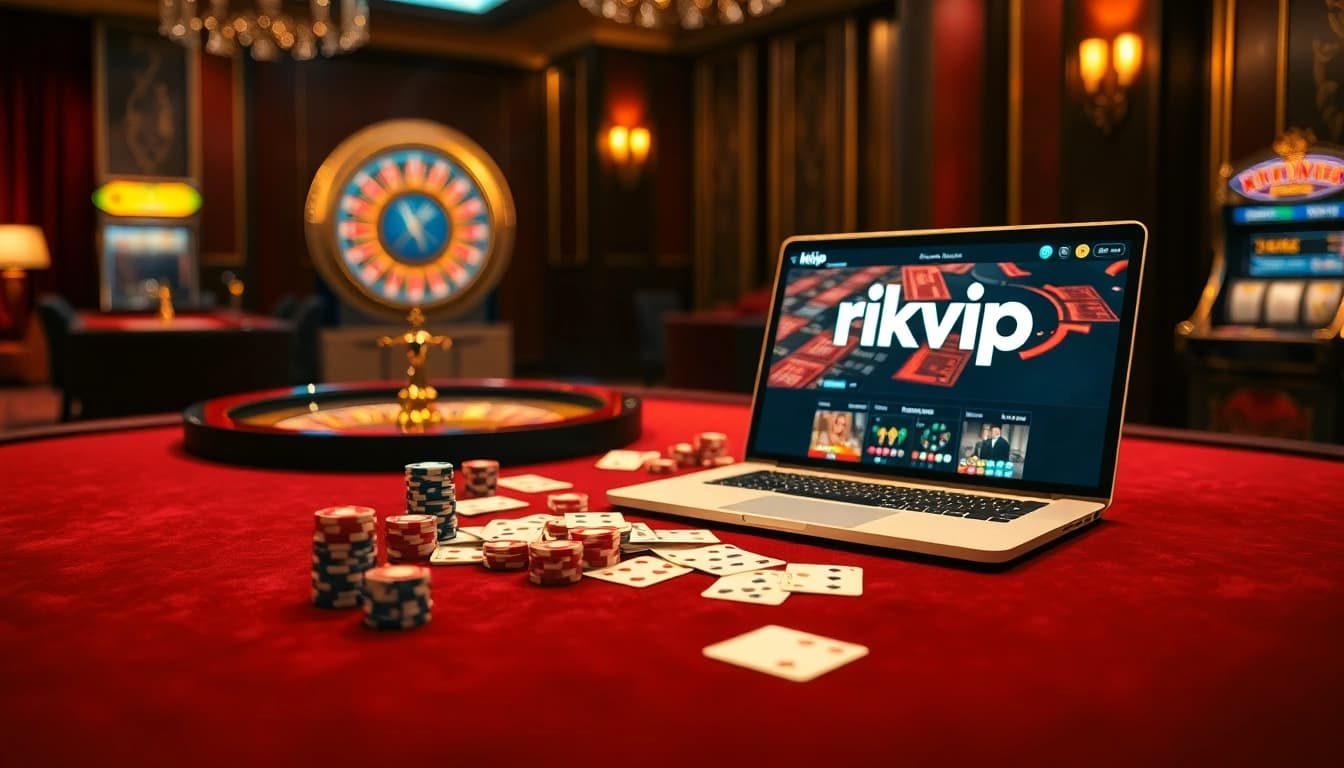 Engaging players at a luxurious casino gaming table featuring rikvip elements and vibrant gaming accessories.
