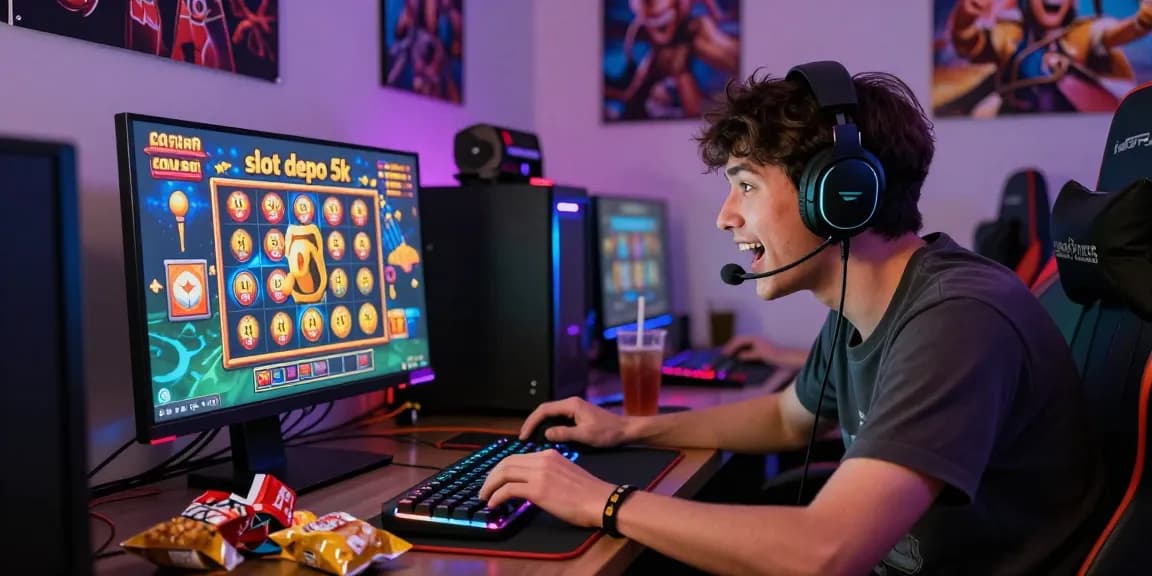 Excited player engaging in slot depo 5k gaming session with colorful graphics and high-performance gear.