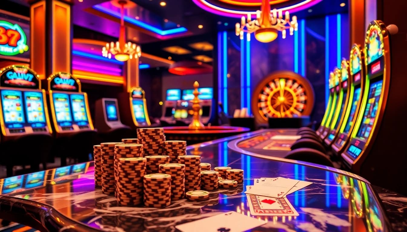 Engaging scene depicting players enjoying 온라인슬롯 on luxurious slot machines at a vibrant casino.
