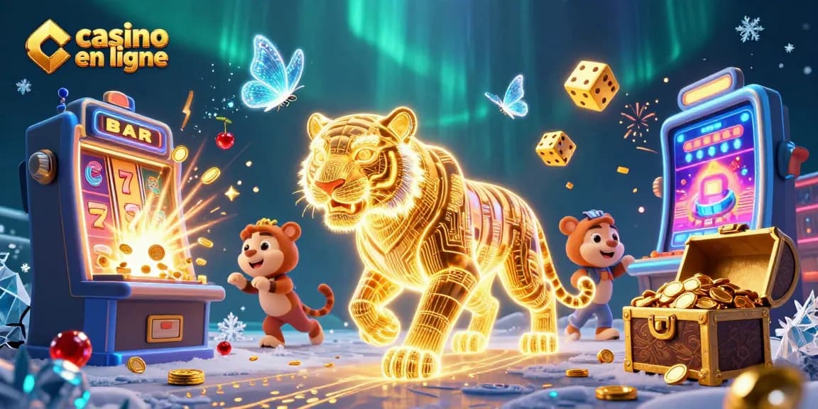 Jouant à casino en ligne avec un tigre doré et des jeux de machines à sous.