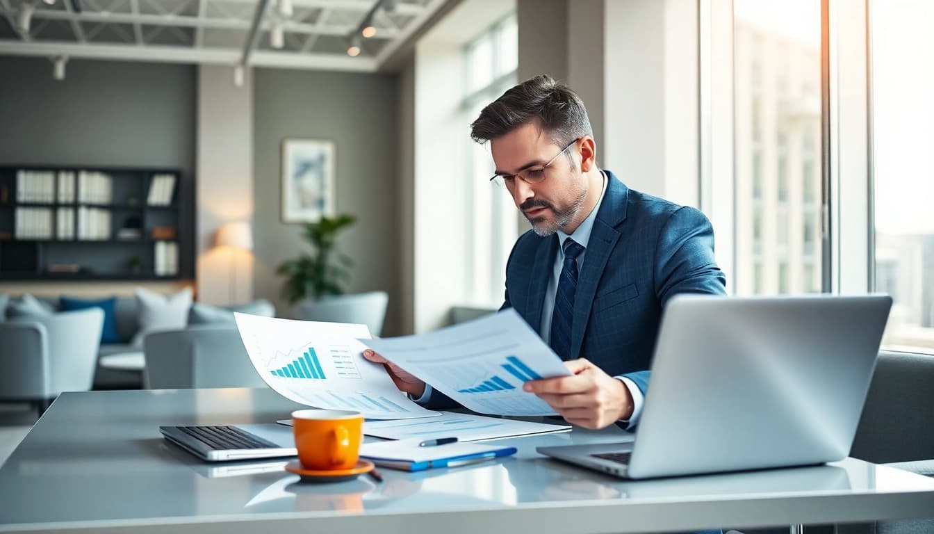Menilai opsi investasi deposit 1k dengan grafik di atas meja di ruang kantor yang terang.