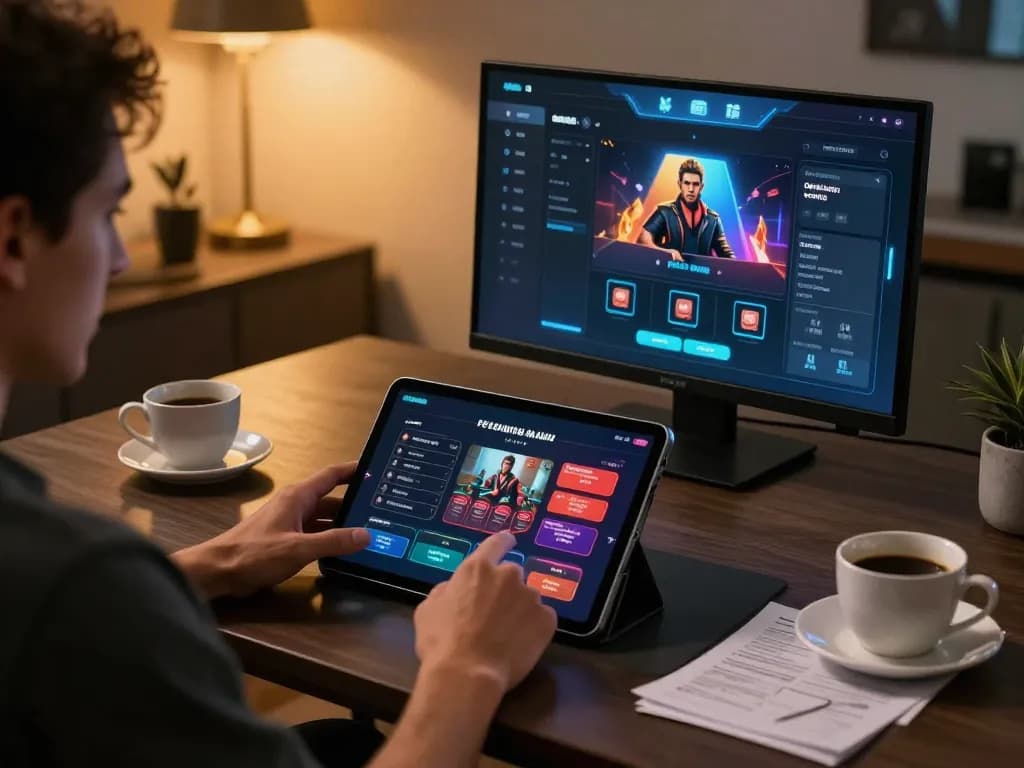 Engaging in online gaming with Link Gaco on a tablet in a luxurious home setting.