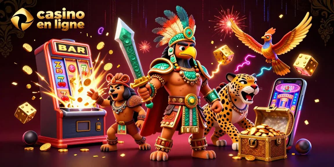 Jouer au casino en ligne avec un guerrier aztèque et un jaguar, entouré de machines à sous et d'effets lumineux.