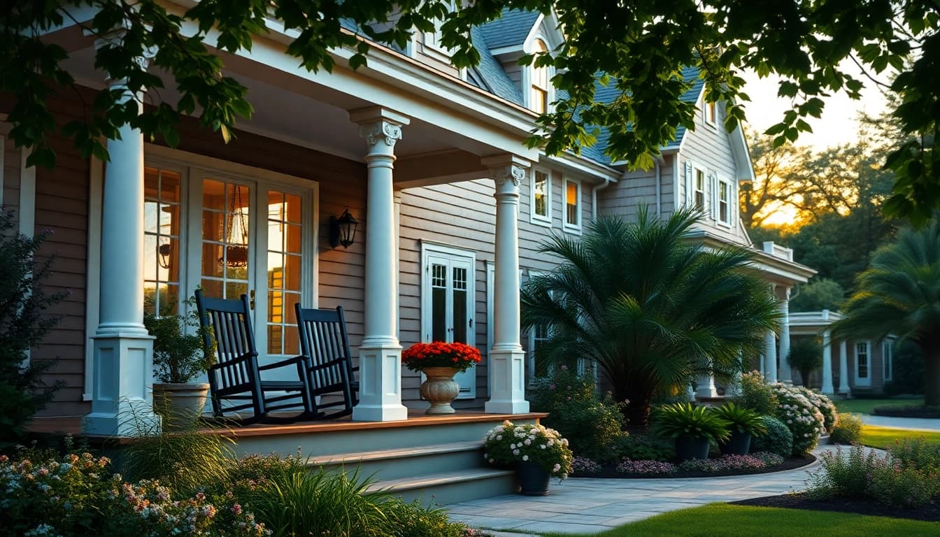 Elegant cape cod home featuring a spacious porch and lush garden, radiating warmth.