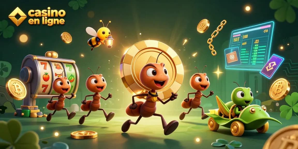 Les fourmis transportent un jeton de poker géant dans un casino en ligne animé.