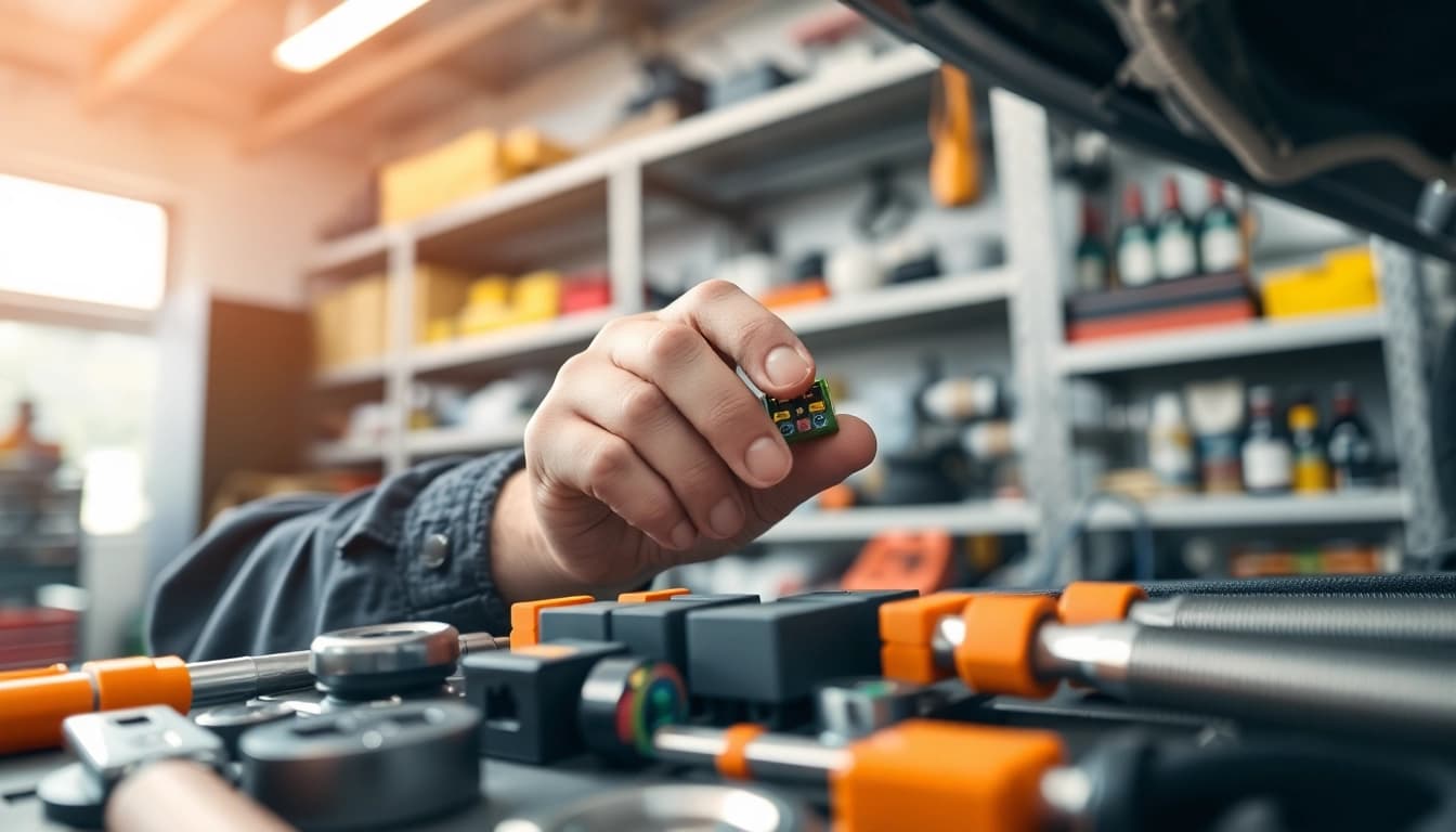 Inspecting fuses from https://bezpieczniki24.pl, automotive technician handling a fuse in a garage.
