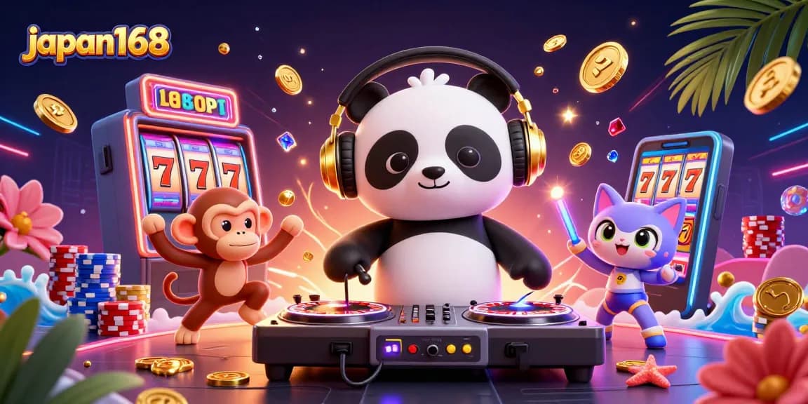 Engage with the thrill of japan168 slots featuring a DJ panda, breakdancing monkey, and glowing kitten amidst a lavish casino scene.