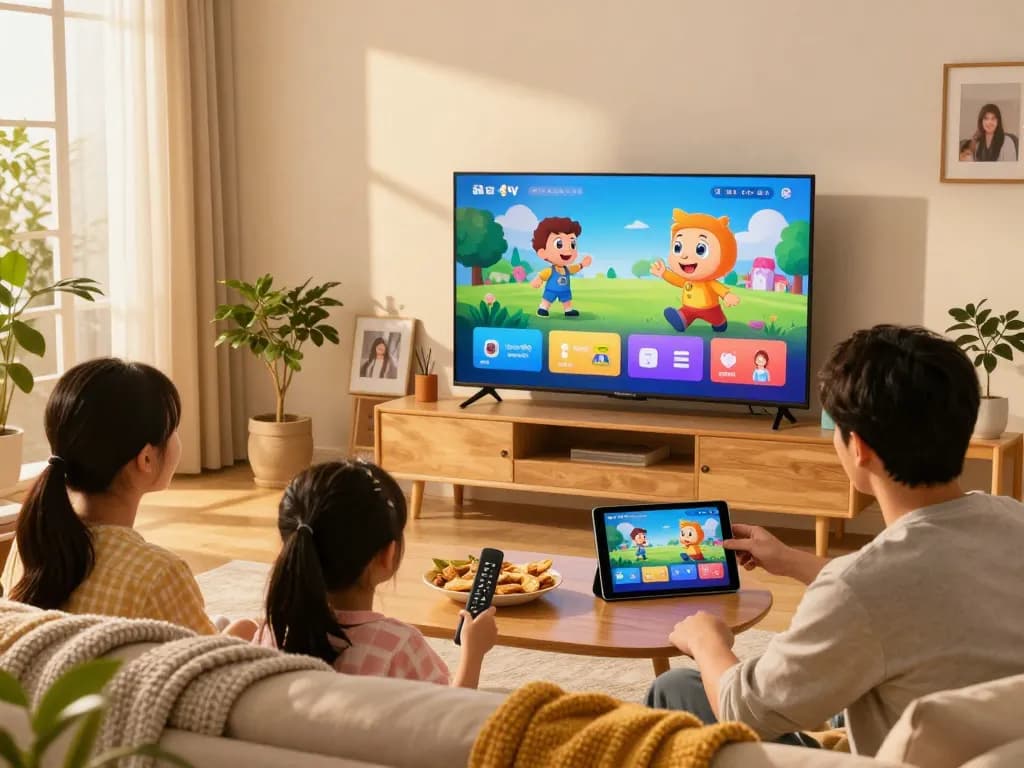 Gezin geniet van IPTV TV in een gezellige woonkamer met kinderen die naar geanimeerde shows kijken en ouders die kanalen doorbladeren.