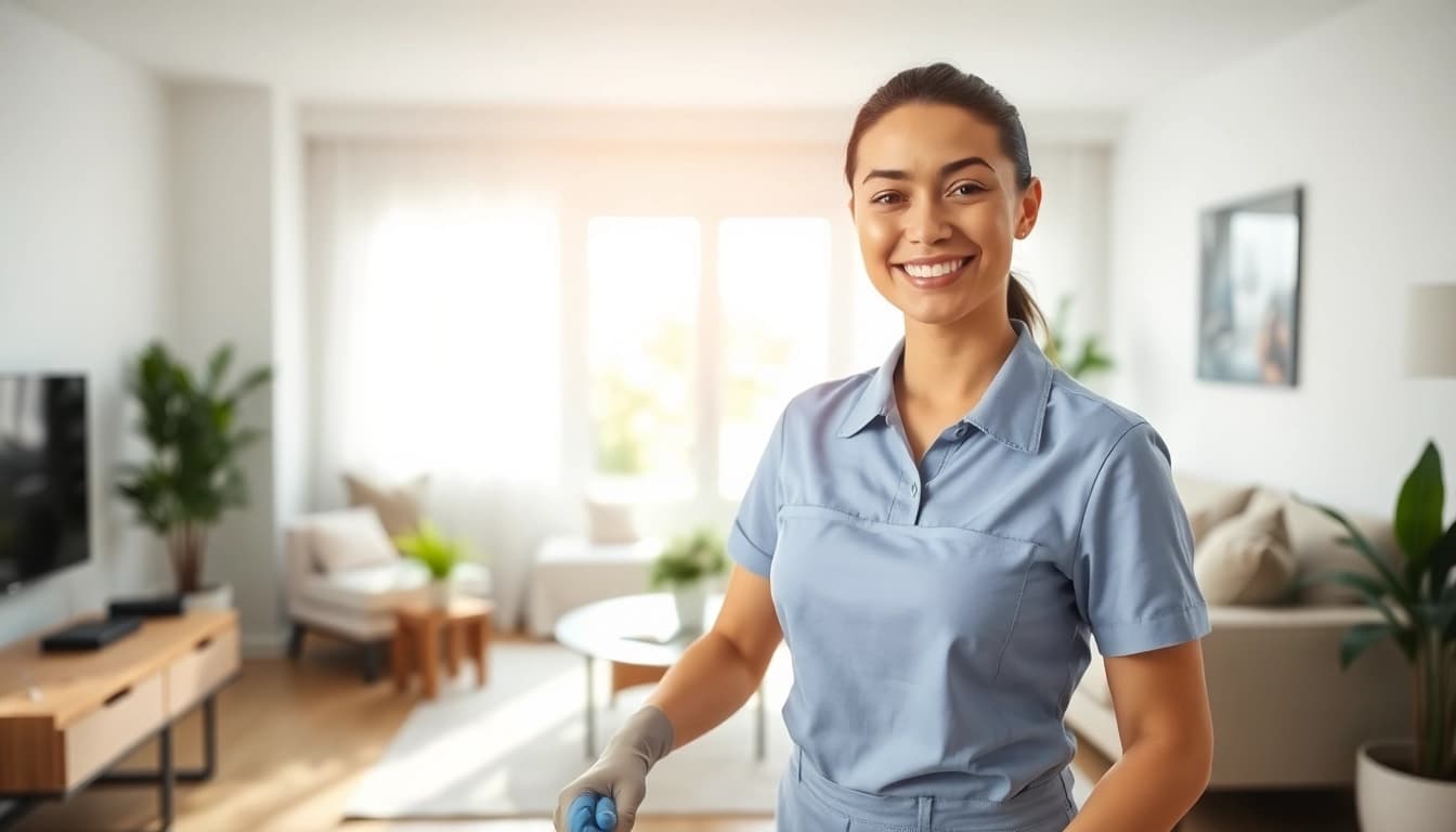 Vad kostar hemstädning? Professionell städtjänst visar en glad städare i ett modernt hem.