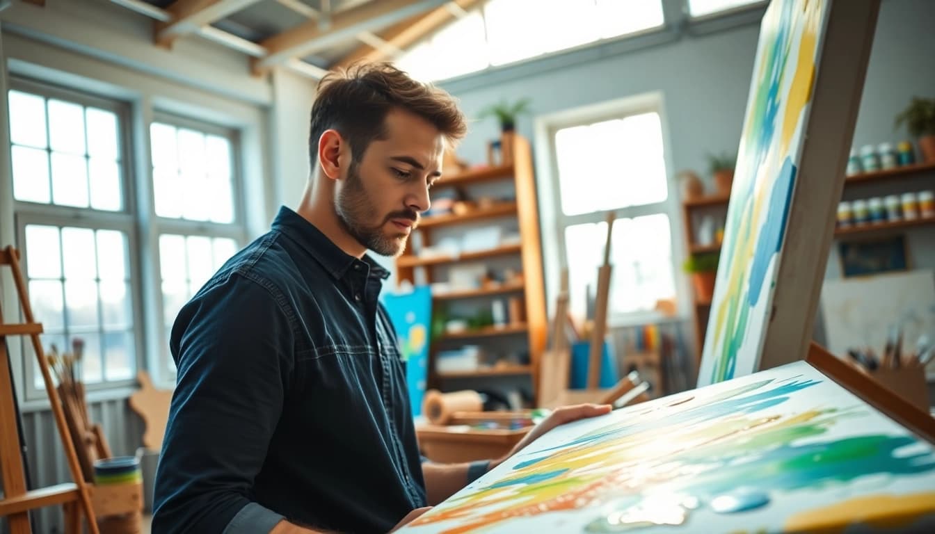Artist painting with vibrant acrylics at https://acrylicpedia.com in a sunny studio.