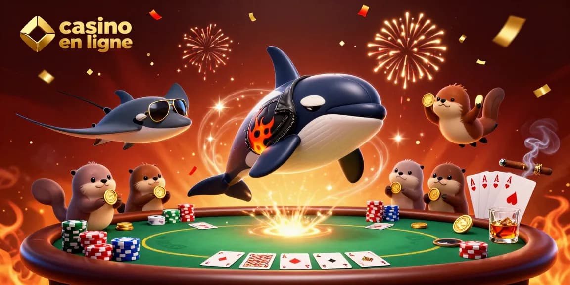 Découvrez le casino en ligne avec des personnages animés jouant aux cartes et entourés de jetons d'or.