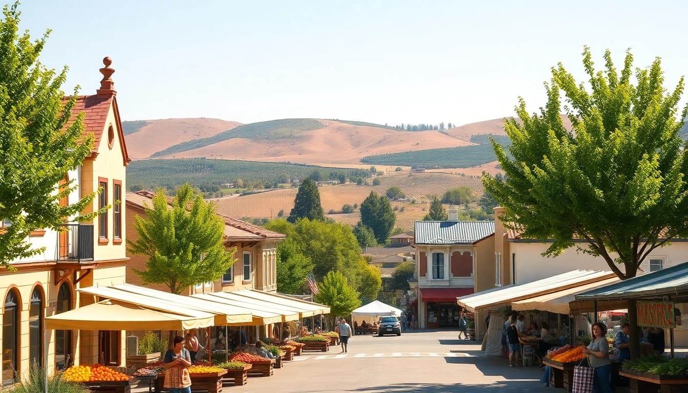 A vibrant farmer's market scene in Clarksburg CA showcasing local produce and a picturesque town backdrop.
