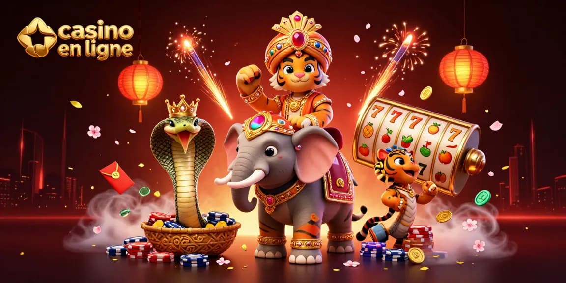 Jouez avec un maharaja indien et un éléphant au casino en ligne, entourés de symboles de chance.
