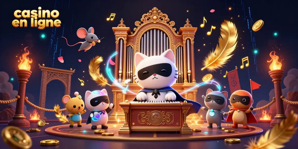 Casino en ligne illustré avec un chat en costume jouant à l'orgue, entouré de jeux et de pétales.
