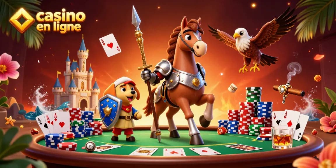 Jouez avec le casino en ligne dans une scène dynamique avec des personnages médiévaux et des éléments de poker.