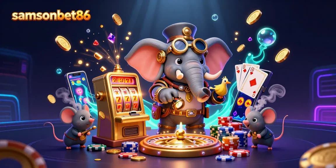 Spin reels and win with samsonbet86 featuring vibrant steampunk characters in a casino scene.