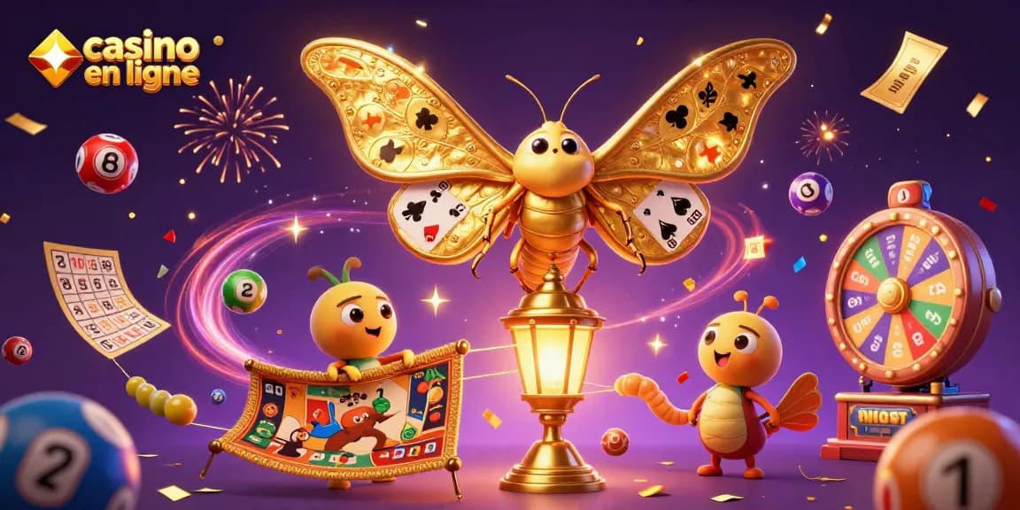 Découvrez l'art vibrant du jeu avec ce casino en ligne captivant présentant des papillons et des éléments de loterie.