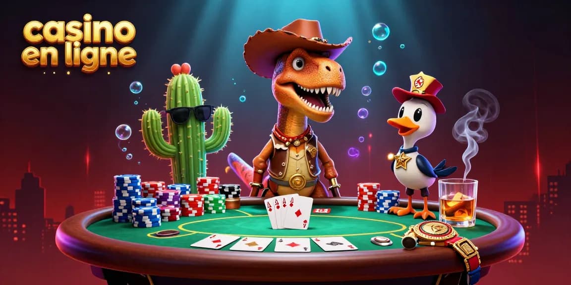 Casino en ligne : rencontre pétillante entre un dinosaure cow-boy, un cactus et un oiseau shérif autour d'une table de poker.