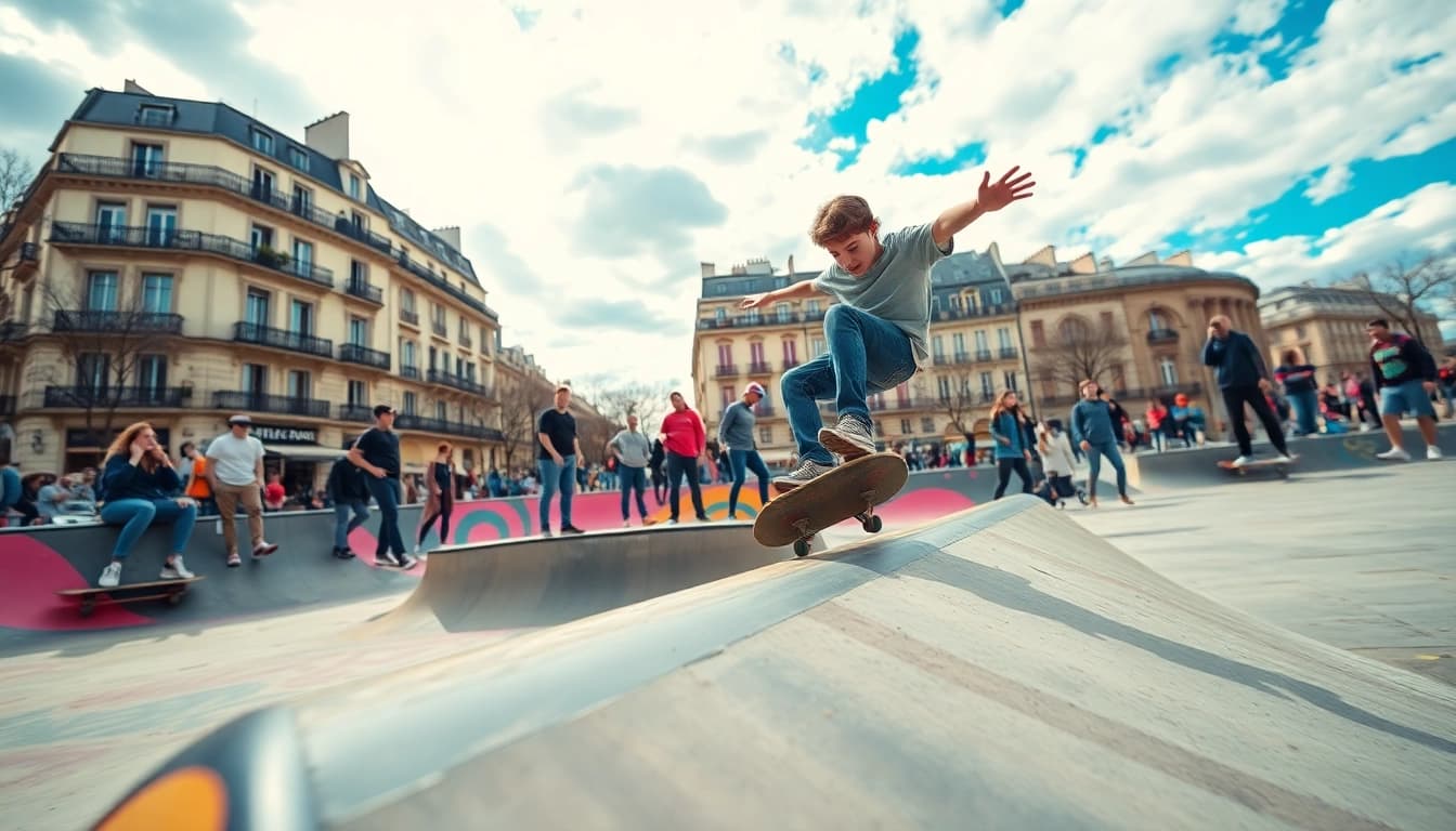 Action-packed scene at a skatepark featuring diverse skaters highlighting Ecole skate paris.