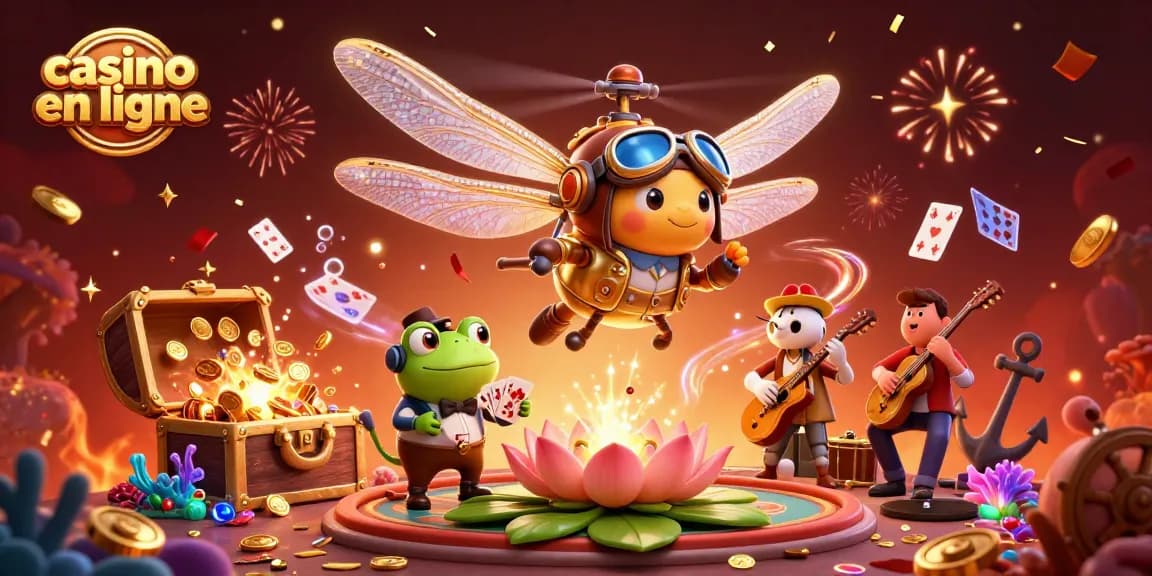 Illustration dynamique d'un casino en ligne avec un pilote et un croupier, illustrant un environnement de jeu sous-marin festif.