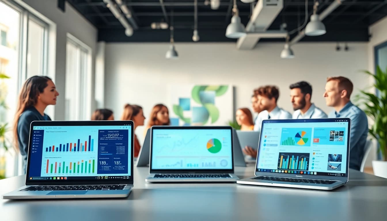 Collaborative workspace showcasing 1cplatform interface on vibrant screens of laptops.