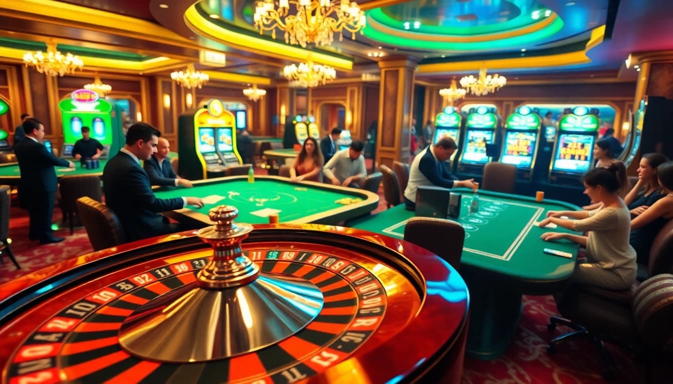 Exciting gamblers at a luxurious casino with a vibrant roulette wheel, representing Nhà cái QQ88.