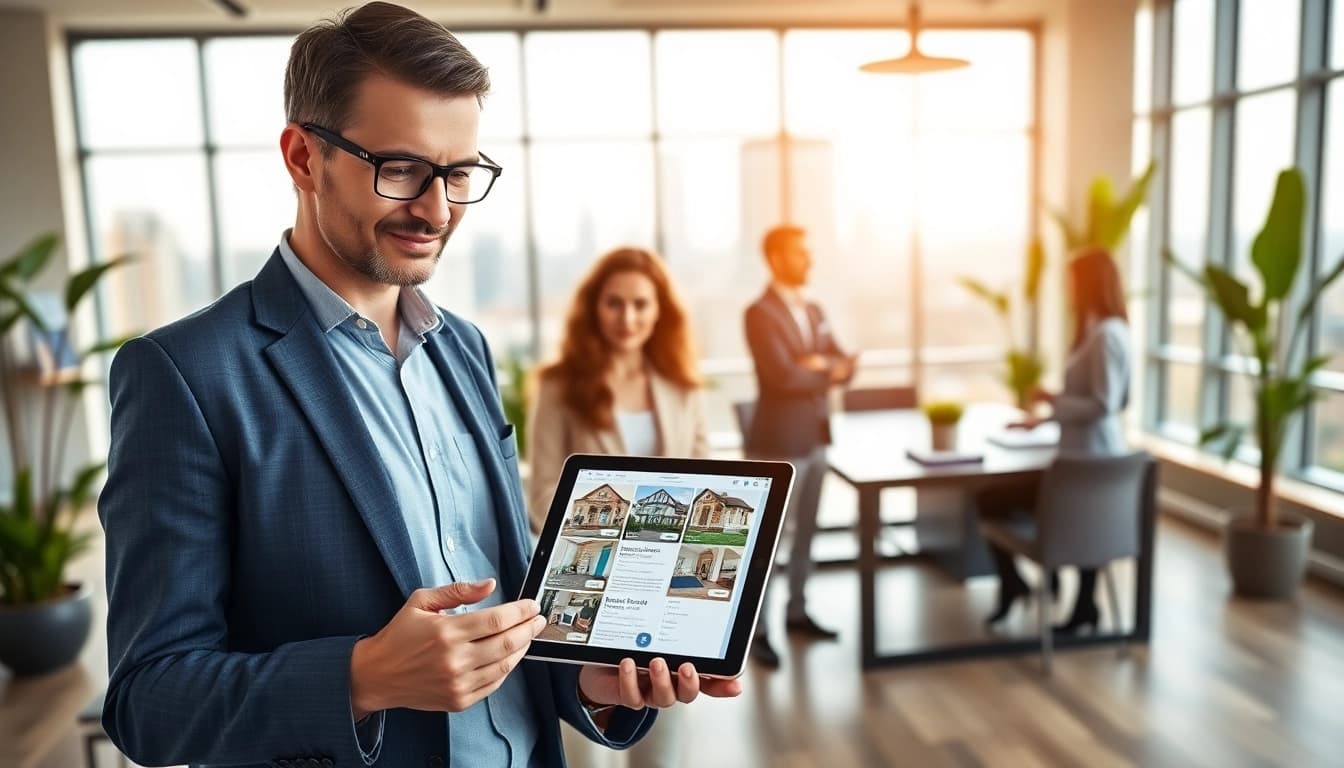Real Estate agent presenting property listings in a modern office environment with a welcoming atmosphere.