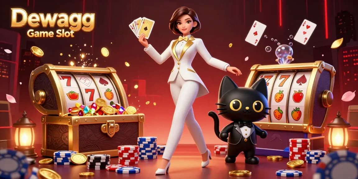 Dewagg Game Slot offers thrilling gameplay with vibrant visuals of slot reels, poker tables, and charming characters.