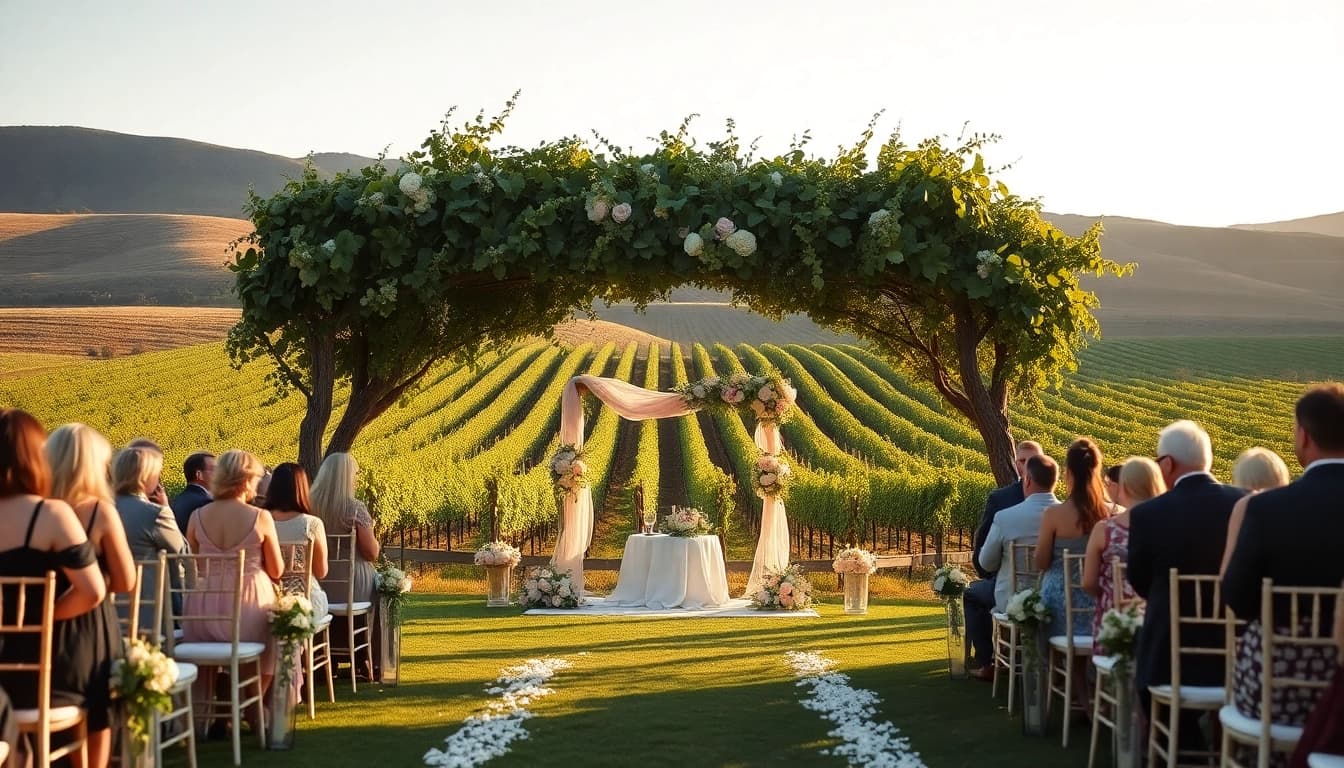 Clarksburg wedding ceremony under grapevines with romantic decorations and natural lighting.