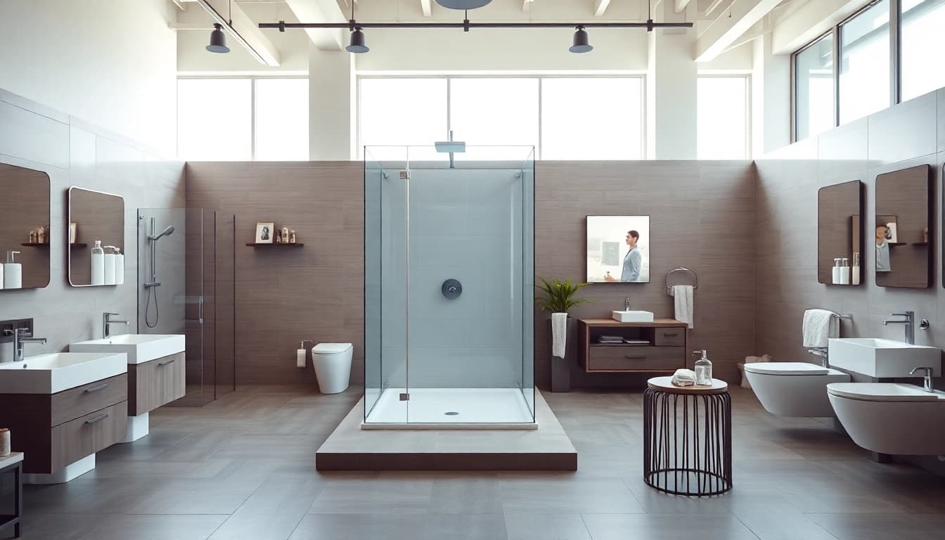 Sonni sanitär GmbH bietet eine elegante Duschtrennwand in einem modernen Badezimmer-Showroom dar.