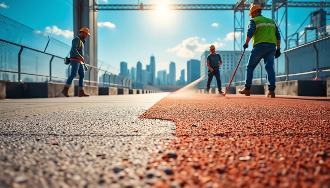 Highlighting surfacing solutions in action with skilled workers enhancing urban pavement.