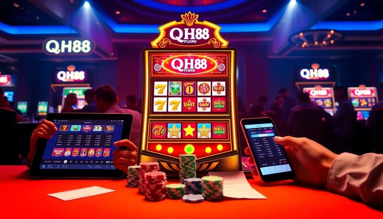 Engaging gamblers enjoy Nổ Hũ QH88 with vibrant slot machines and thrilling betting ambiance.