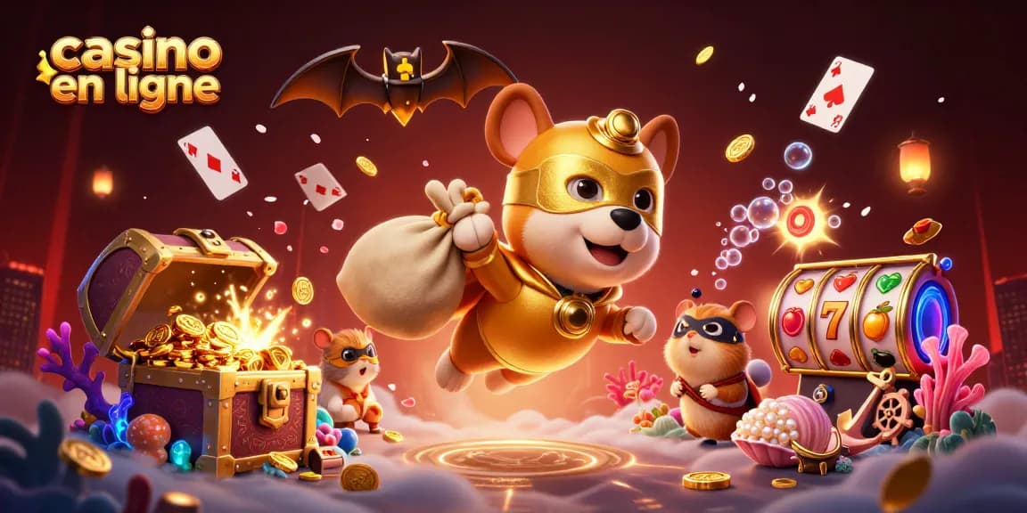 Casino en ligne : un chien super-héros volant avec des pièces d'or et des éléments de jeu dynamiques.