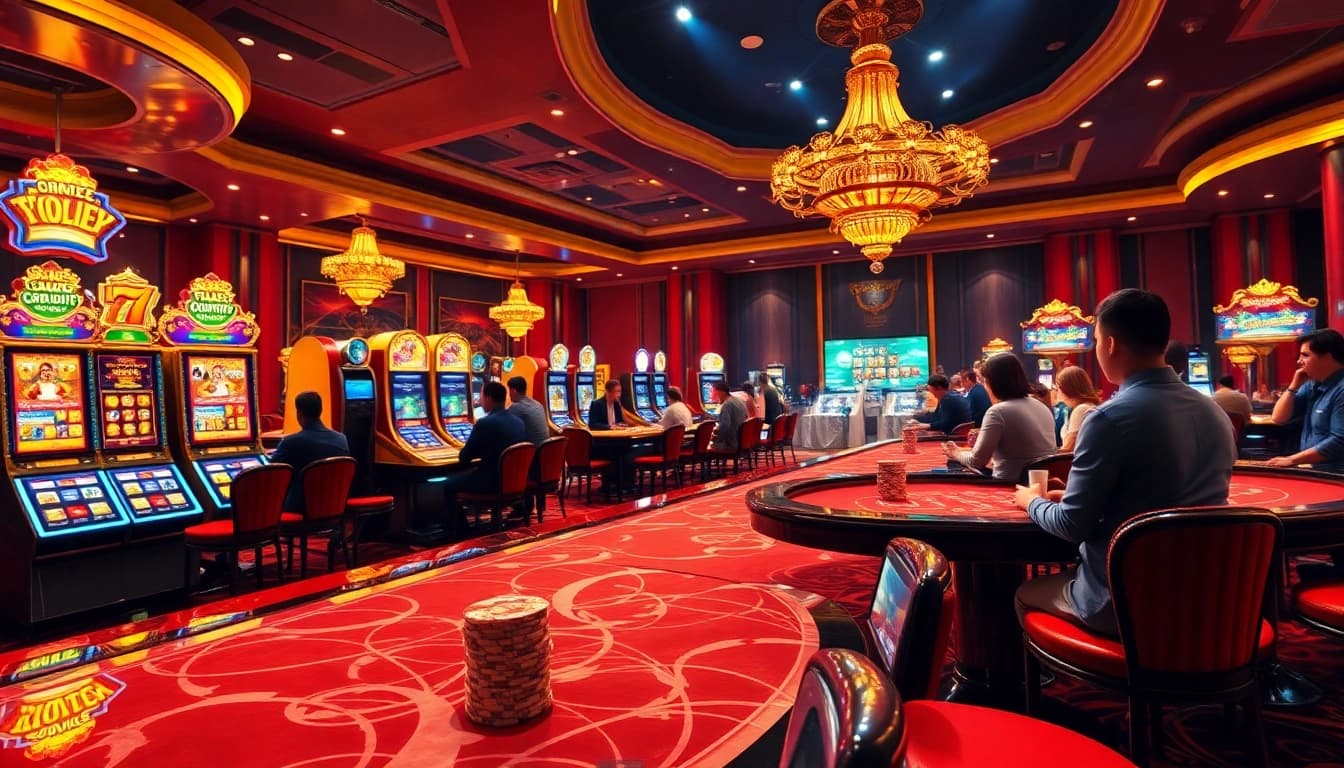 A lively casino scene illustrating the gaming experience at jun88pl.com with slot machines and poker tables.