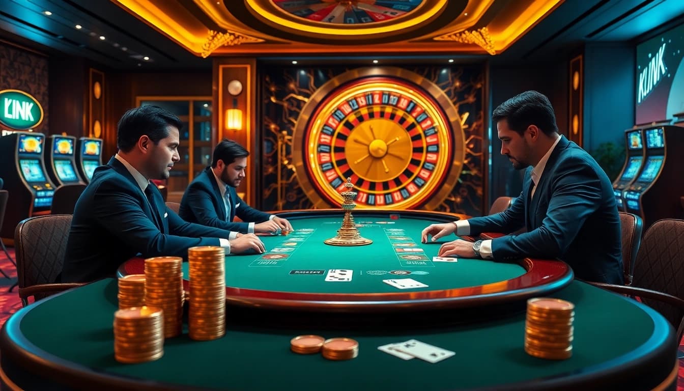 Engage in high-stakes poker action at KJC LINK casino, featuring vibrant tables and gaming excitement.