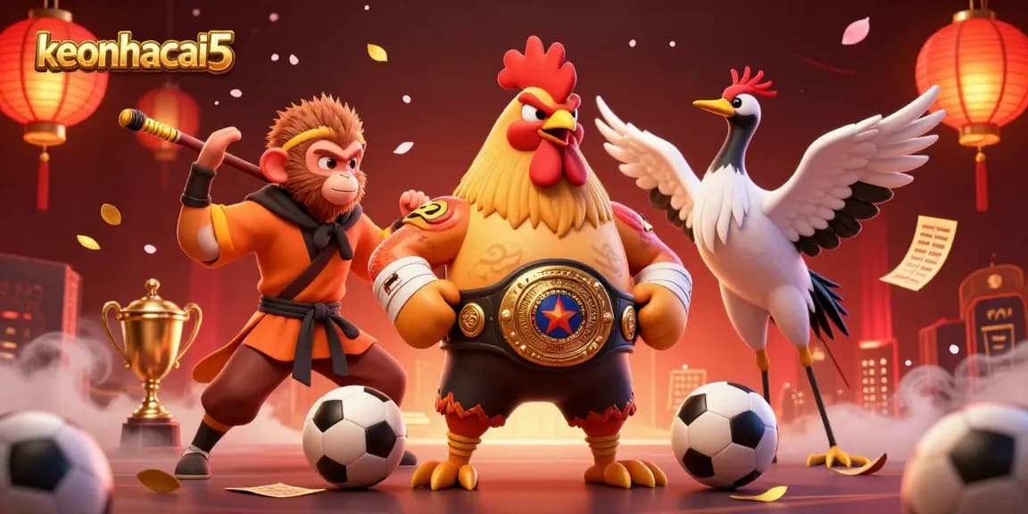 Watch the exciting sports betting scene with keonhacai5, featuring a Muay Thai rooster, monkey martial artist, and crane master.
