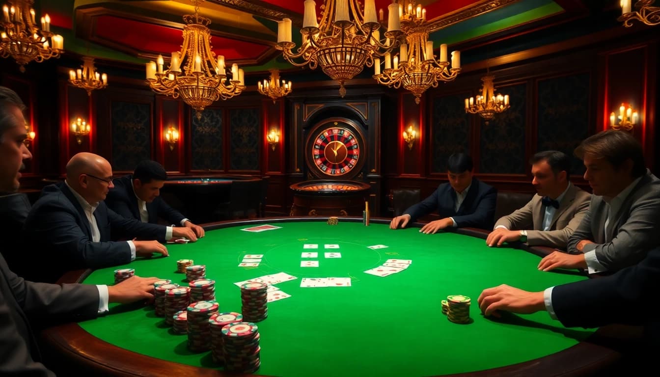 The scene features players mastering poker at a luxurious casino table, reflecting the official hidden wiki vibe.
