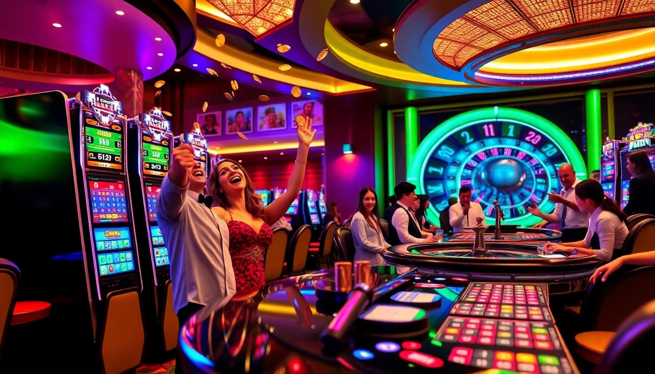 Action-packed scene at a judi slot machine with players celebrating wins and vibrant casino atmosphere.