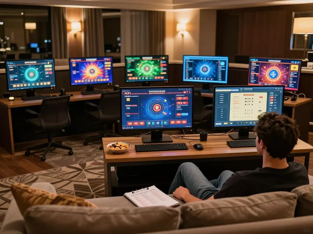 Cakhia tv user engaging in online gambling setup with multiple screens and strategic notes.