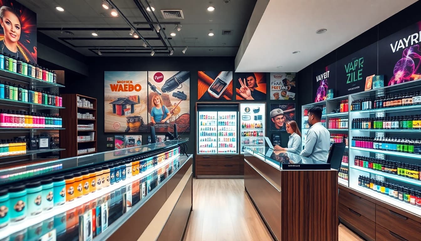 In einem einladenden vape shop zeigt ein Mitarbeiter den Kunden eine Vielzahl von Produkten.