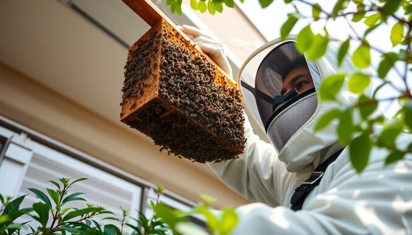 Efficient commercial bee removal showcased by a technician safely extracting a hive.