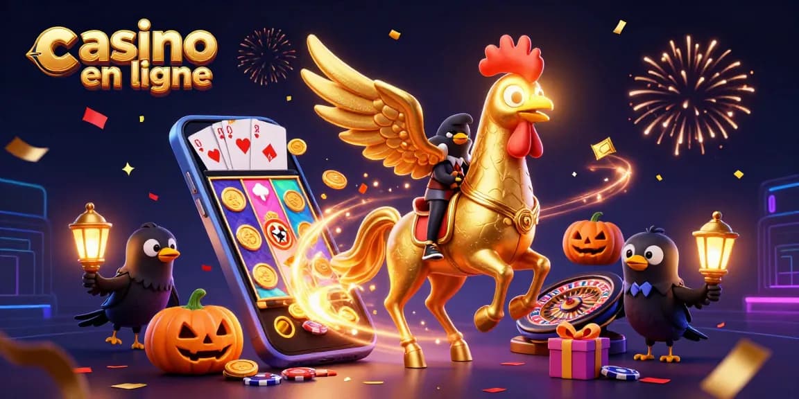Illustration de casino en ligne avec un coq doré et ses compagnons, ambiance festive à couper le souffle.