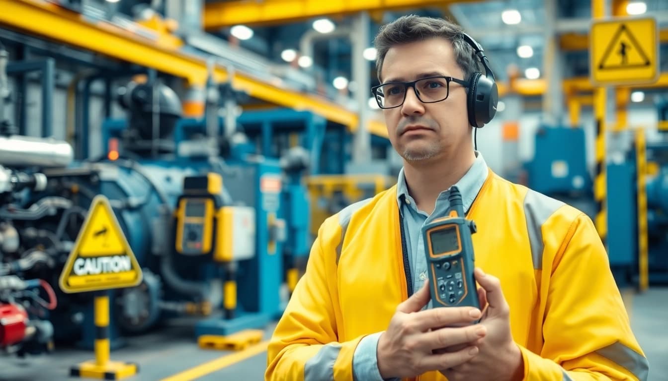 Consultant performing a noise assessment survey in an industrial environment, measuring sound levels accurately.