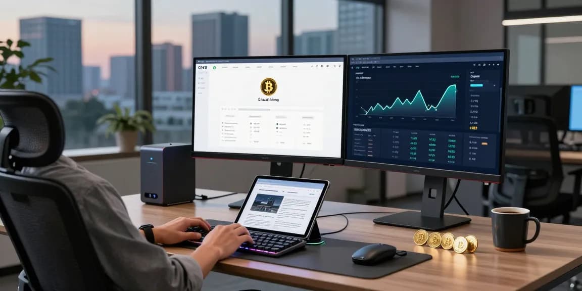Cryptocurrency workspace showcasing a cloud mining platform with Bitcoin statistics and DeFi yield farming dashboard, emphasizing technology and security.