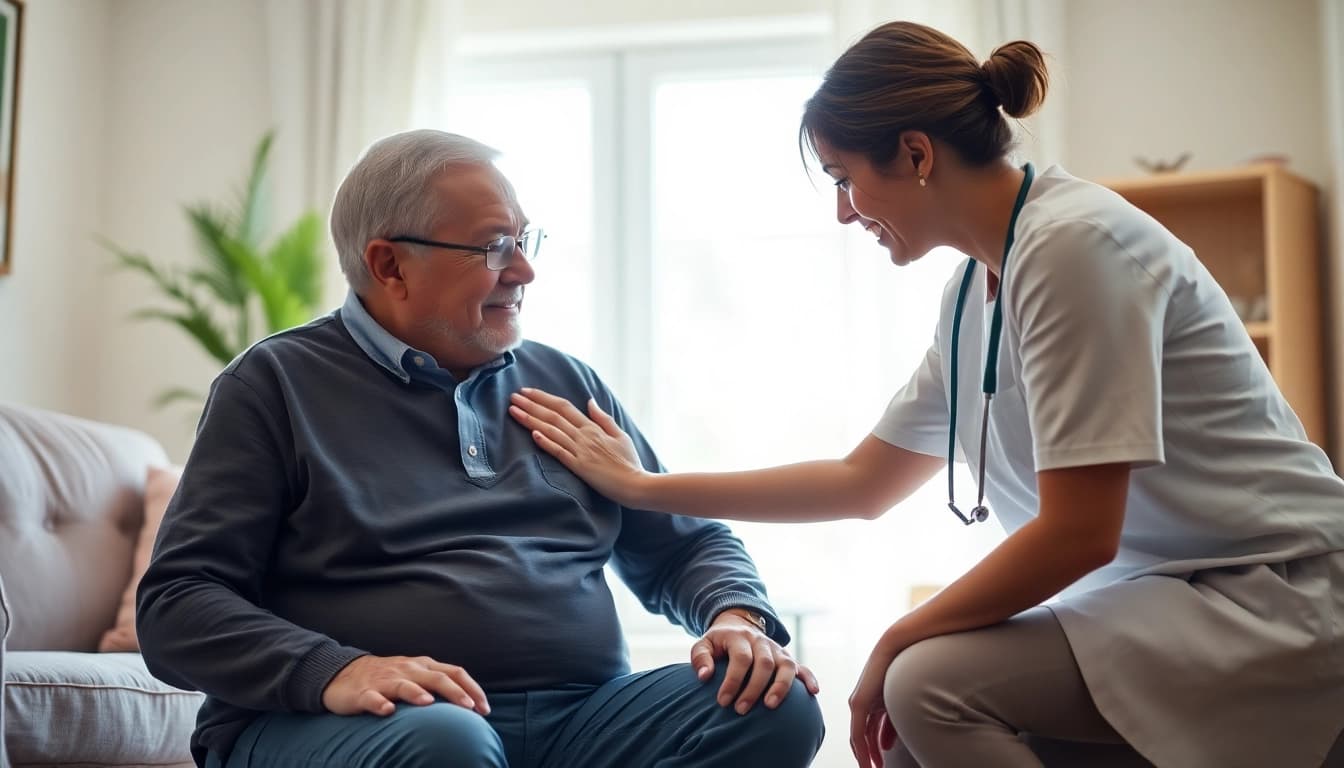 Caring professional assisting a senior man in home senior care with a warm ambiance.