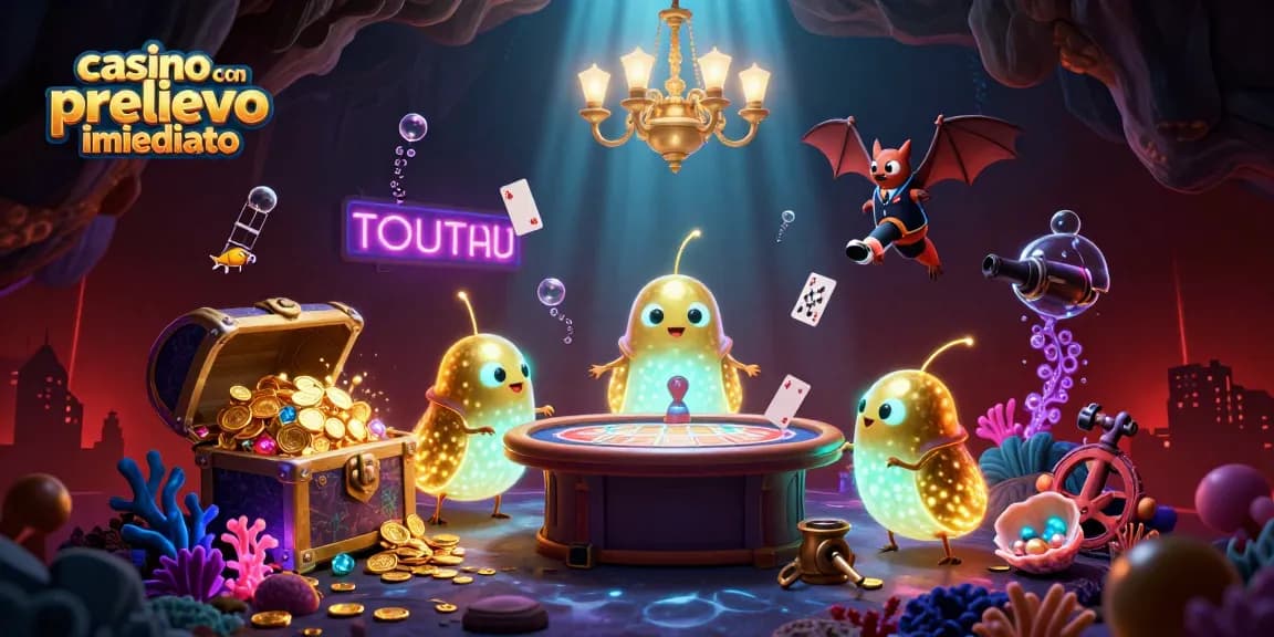 Casinò con prelievo immediato illuminato da lumaconi fluorescenti e un dealer pipistrello che offre un'esperienza di gioco unica.