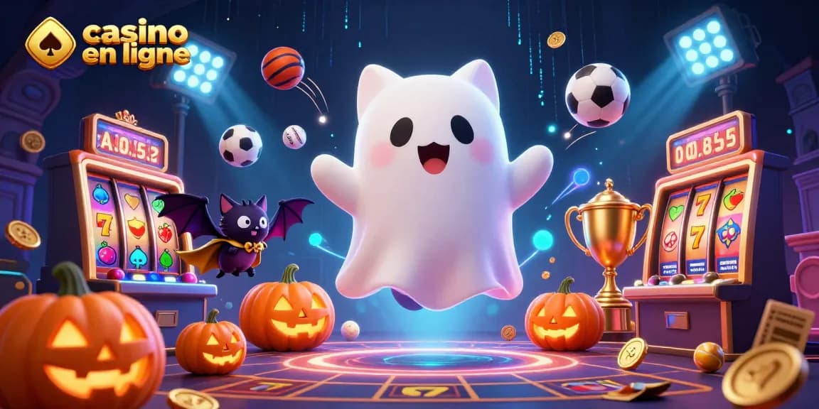 Découvrez le monde en ligne du casino avec un chat fantôme amusant et des éléments de jeux scintillants.
