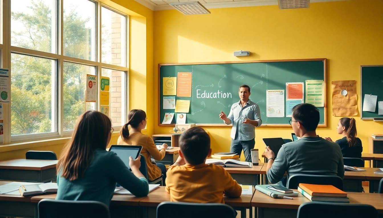 Engaging classroom scene showcasing Education with active participation and vibrant learning materials.